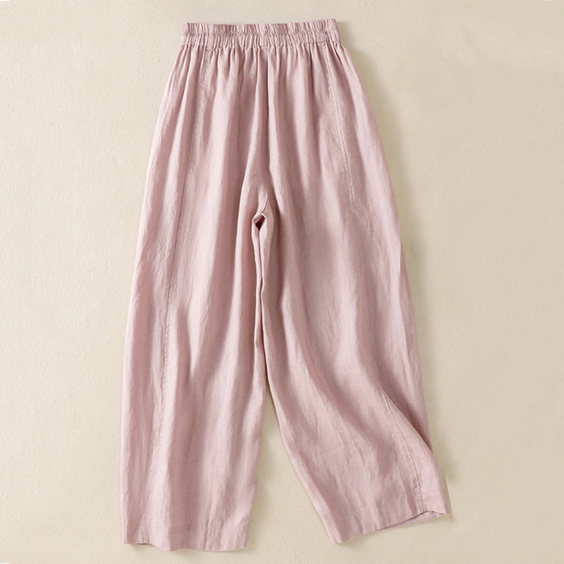 Buddha Stones Commute Plain Design Drawstring Cotton Linen Women's Wide Leg Pants With Pockets - image 20