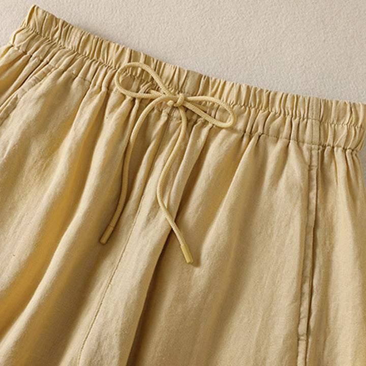 Buddha Stones Commute Plain Design Drawstring Cotton Linen Women's Wide Leg Pants With Pockets - image 9