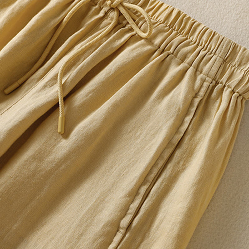 Buddha Stones Commute Plain Design Drawstring Cotton Linen Women's Wide Leg Pants With Pockets - image 10