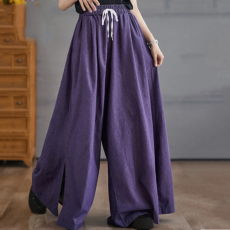 Buddha Stones Retro Leg Opening Slit Design Women's Wide Leg Pants With Pockets - image 3