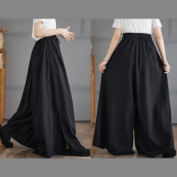Buddha Stones Retro Leg Opening Slit Design Cotton Women's Wide Leg Pants With Pockets - image 19