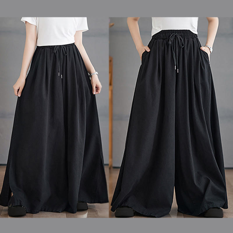 Buddha Stones Retro Leg Opening Slit Design Cotton Women's Wide Leg Pants With Pockets - image 20