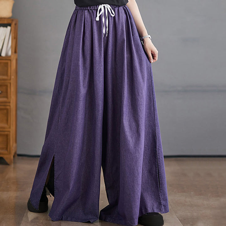 Buddha Stones Retro Leg Opening Slit Design Women's Wide Leg Pants With Pockets - image 4