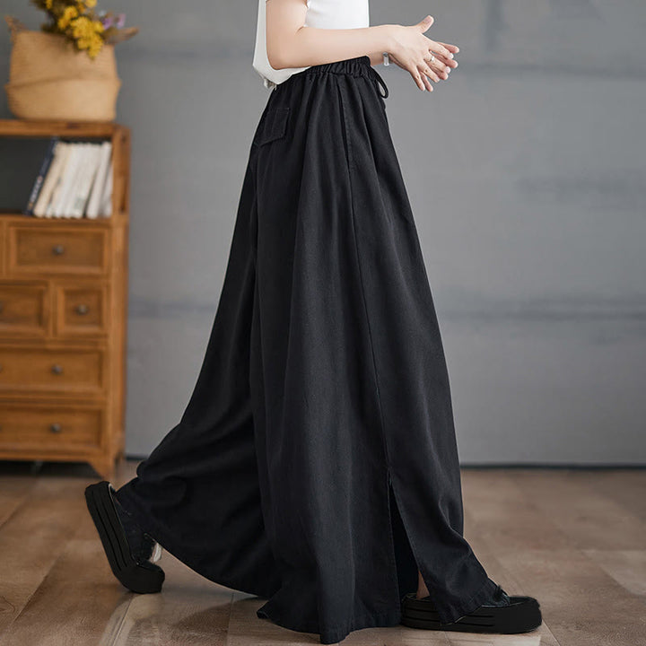 Buddha Stones Retro Leg Opening Slit Design Cotton Women's Wide Leg Pants With Pockets - Black - US12，UK/AU16，EU44 (3XL) - image 10