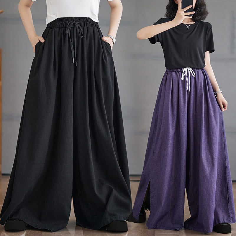 Buddha Stones Retro Leg Opening Slit Design Women's Wide Leg Pants With Pockets - image 23