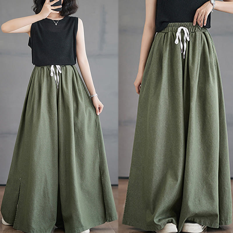 Buddha Stones Retro Leg Opening Slit Design Cotton Women's Wide Leg Pants With Pockets - image 9