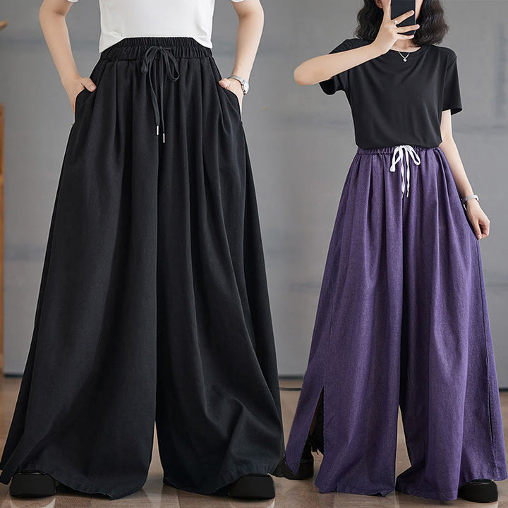 Buddha Stones Retro Leg Opening Slit Design Cotton Women's Wide Leg Pants With Pockets - image 23