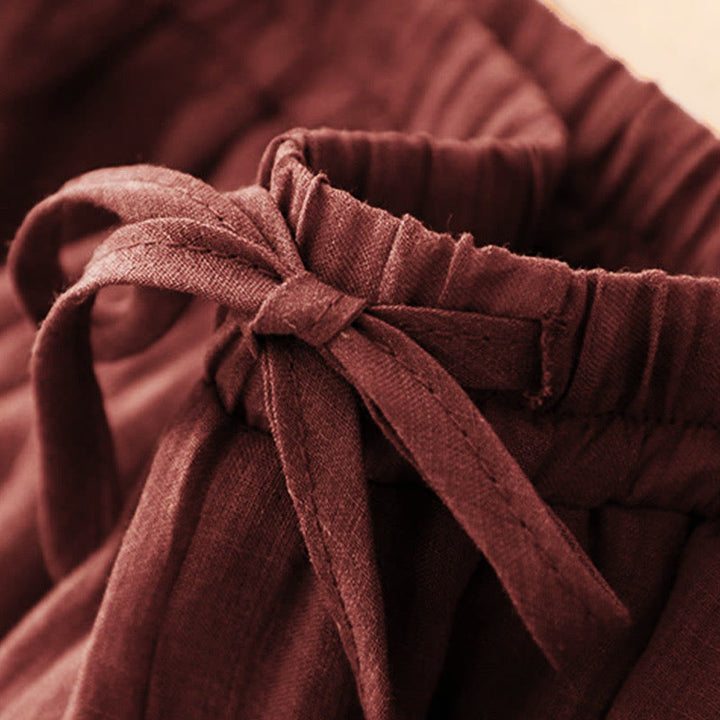 Buddha Stones Spring Pure Color Drawstring Double Layer Women's Wide Leg Pants With Pockets - image 1