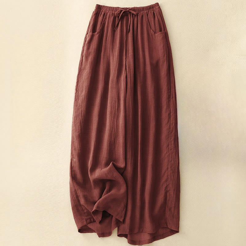 Buddha Stones Spring Pure Color Drawstring Double Layer Women's Wide Leg Pants With Pockets - FireBrick - US8-10，UK/AU12-14，EU40-42 (2XL) - image 1