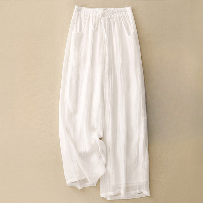Buddha Stones Spring Pure Color Drawstring Double Layer Women's Wide Leg Pants With Pockets - White - US8-10，UK/AU12-14，EU40-42 (2XL) - image 8