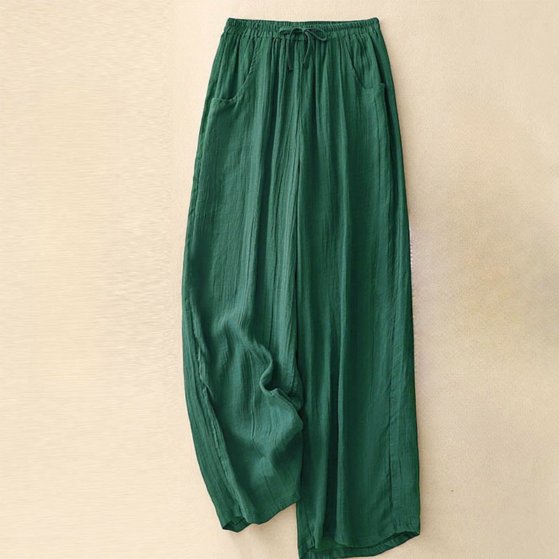 Buddha Stones Spring Pure Color Drawstring Double Layer Women's Wide Leg Pants With Pockets - ForestGreen - US8-10，UK/AU12-14，EU40-42 (2XL) - image 11