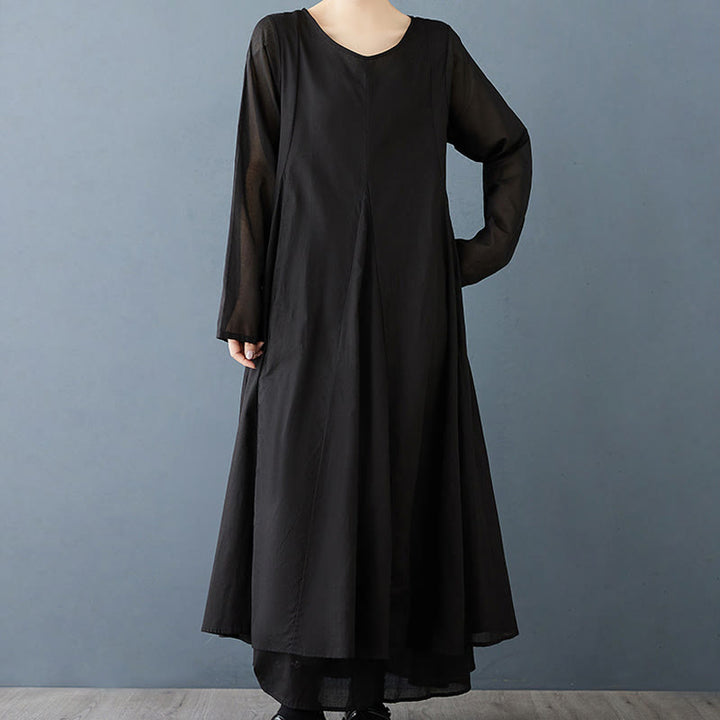 Buddha Stones Spring Double Layer Design Cotton Long Sleeve Women's Midi Dress - image 6