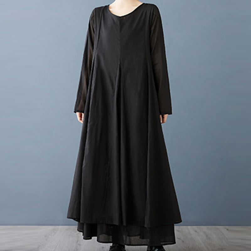 Buddha Stones Spring Double Layer Design Cotton Long Sleeve Women's Midi Dress - image 5