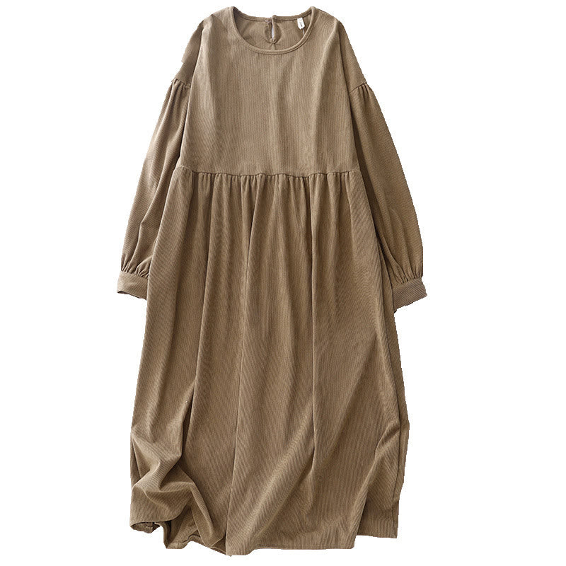 Buddha Stones Tan Solid Color Corduroy Puff Long Sleeve Midi Dress - image 15