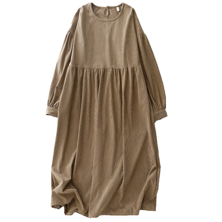 Buddha Stones Tan Solid Color Corduroy Puff Long Sleeve Midi Dress - image 15