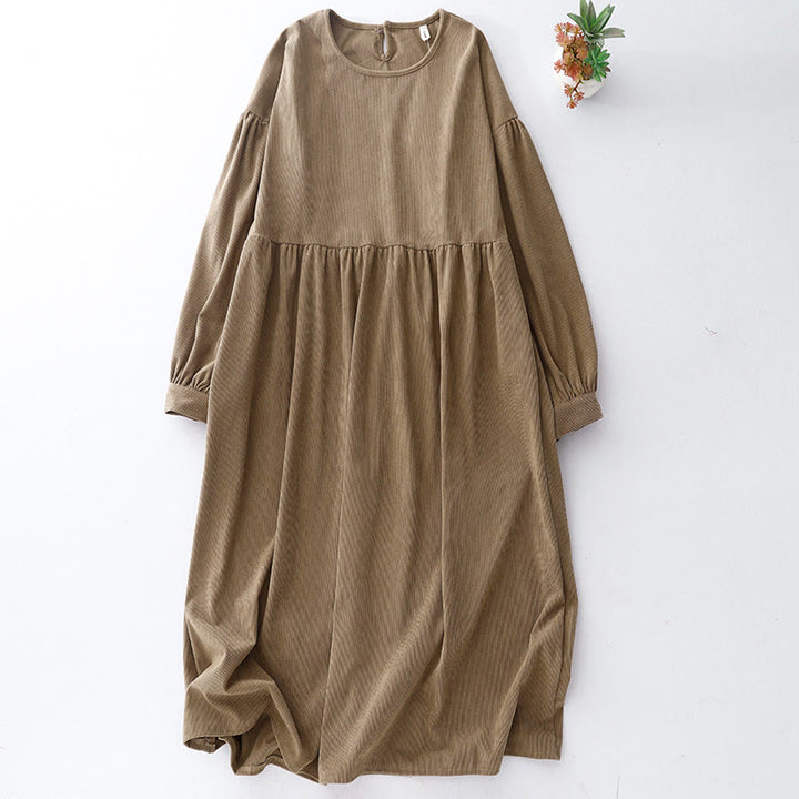 Buddha Stones Tan Solid Color Corduroy Puff Long Sleeve Midi Dress - Tan - US14，UK/AU18，EU46 (2XL) - image 0