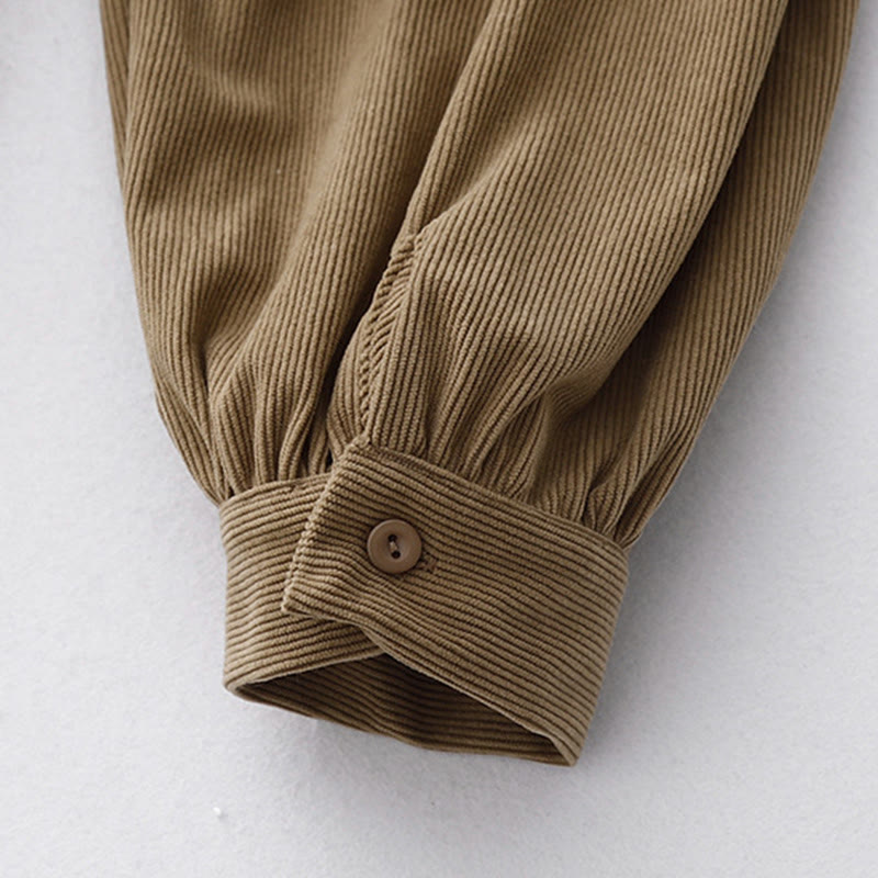 Buddha Stones Tan Solid Color Corduroy Puff Long Sleeve Midi Dress - image 8