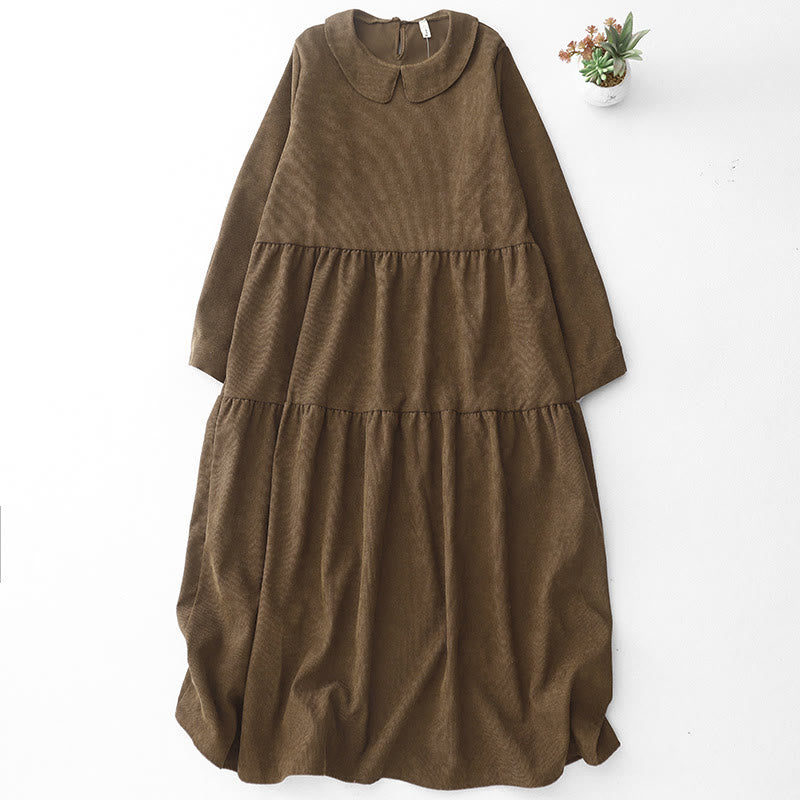 Buddha Stones Button Design Corduroy Peter Pan Collar Long Sleeve Midi Dress With Pockets - SaddleBrown - US8-10，UK/AU12-14，EU40-42 (2XL) - image 0