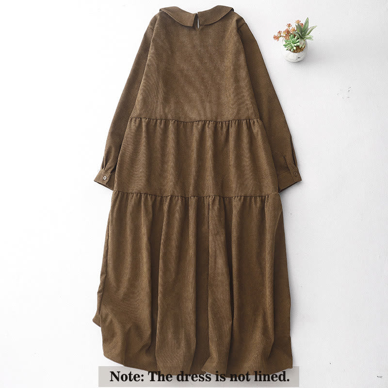 Buddha Stones Button Design Corduroy Peter Pan Collar Long Sleeve Midi Dress With Pockets - image 1