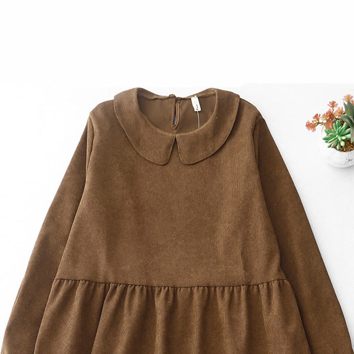 Buddha Stones Button Design Corduroy Peter Pan Collar Long Sleeve Midi Dress With Pockets - image 2