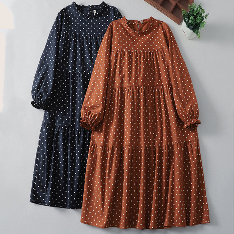 Buddha Stones Spring Dot Pattern Ruffle Crew Neck Long Sleeve Cotton Linen Midi Dress With Pockets - image 16