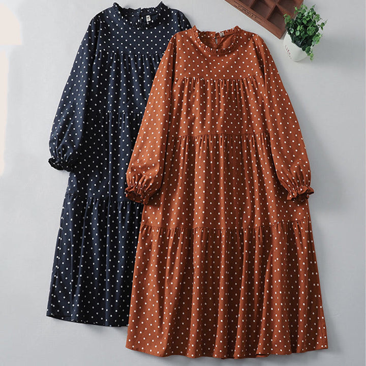 Buddha Stones Spring Dot Pattern Ruffle Crew Neck Long Sleeve Cotton Linen Midi Dress With Pockets - image 16