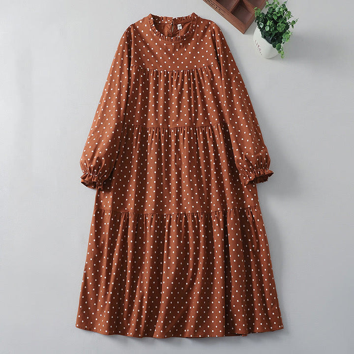 Buddha Stones Spring Dot Pattern Ruffle Crew Neck Long Sleeve Cotton Linen Midi Dress With Pockets - Chocolate - US12，UK/AU16，EU44 (2XL) - image 0