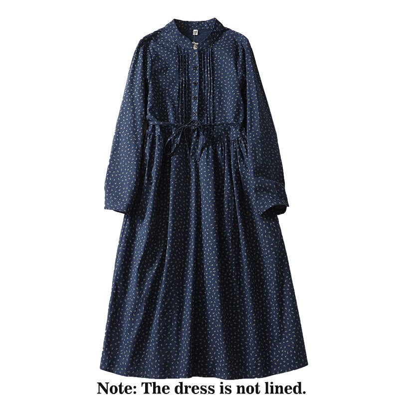 Buddha Stones Printing Floral Accordion Pleats Cotton Linen Long Sleeve Midi Dress With Pockets - image 1