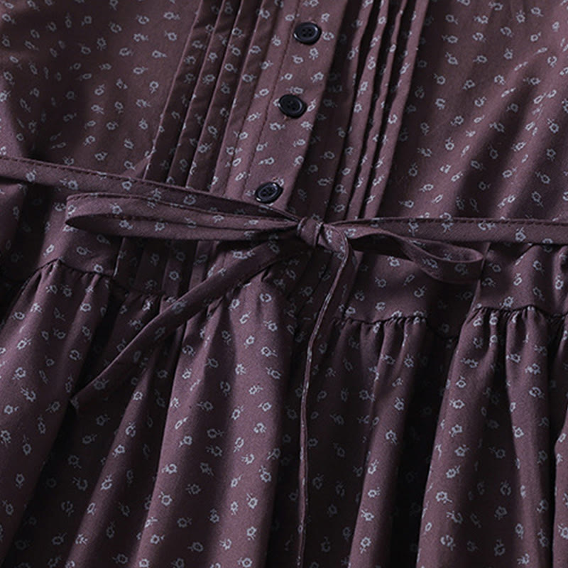 Buddha Stones Printing Floral Accordion Pleats Cotton Linen Long Sleeve Midi Dress With Pockets - image 10