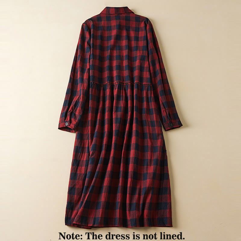 Buddha Stones Contrast Color Plaid Buttons Design Long Sleeve Midi Dress With Pockets - image 12
