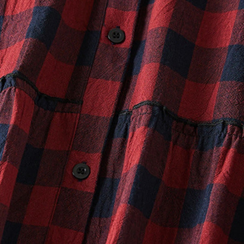 Buddha Stones Contrast Color Plaid Buttons Design Long Sleeve Midi Dress With Pockets - image 14
