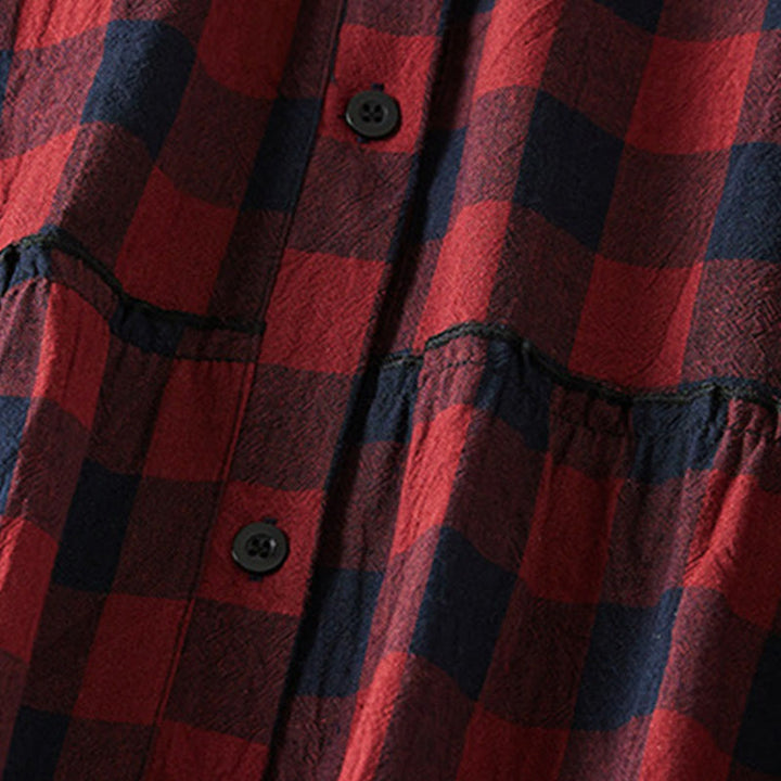 Buddha Stones Contrast Color Plaid Buttons Design Long Sleeve Midi Dress With Pockets - image 14