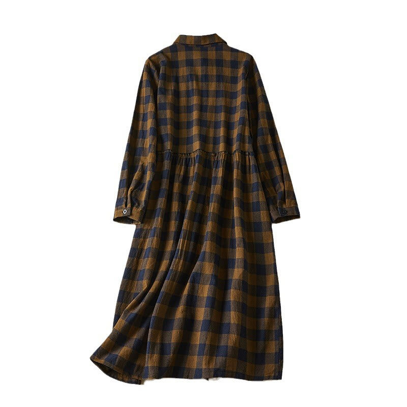 Buddha Stones Contrast Color Plaid Buttons Design Long Sleeve Midi Dress With Pockets - image 10