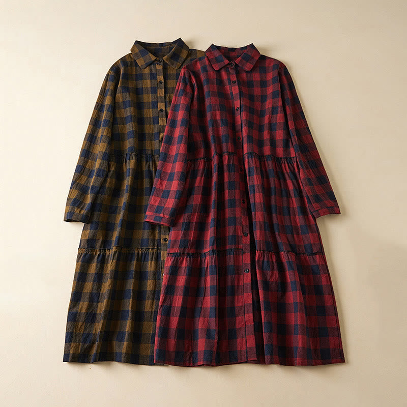 Buddha Stones Contrast Color Plaid Buttons Design Long Sleeve Midi Dress With Pockets - image 21