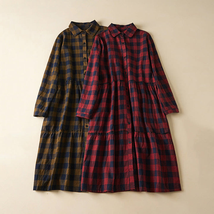 Buddha Stones Contrast Color Plaid Buttons Design Long Sleeve Midi Dress With Pockets - image 21