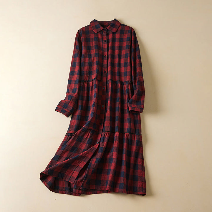 Buddha Stones Contrast Color Plaid Buttons Design Long Sleeve Midi Dress With Pockets - Crimson - US8-10，UK/AU12-14，EU40-42 (2XL) - image 11