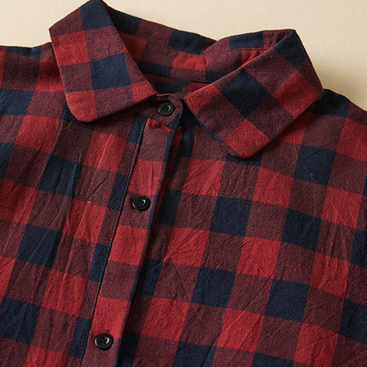 Buddha Stones Contrast Color Plaid Buttons Design Long Sleeve Midi Dress With Pockets - image 13