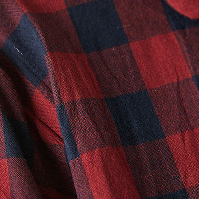 Buddha Stones Contrast Color Plaid Buttons Design Long Sleeve Midi Dress With Pockets - image 15