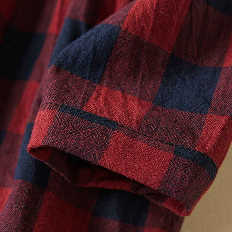 Buddha Stones Contrast Color Plaid Buttons Design Long Sleeve Midi Dress With Pockets - image 19