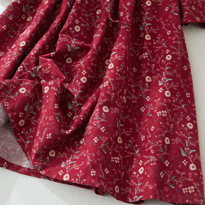 Buddha Stones Ethnic Printing Floral Lace-Up Design Long Sleeve Cotton Linen Midi Dress - image 16