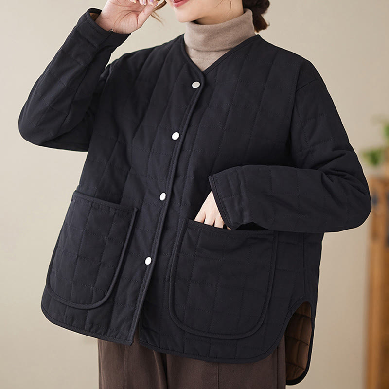 Buddha Stones Retro Plain Women's Thick Cotton Long Sleeve Coat Jacket With Pockets - image 7