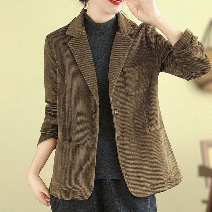 Buddha Stones Retro Plain Women's Long Sleeve Corduroy Jacket With Pockets - image 2
