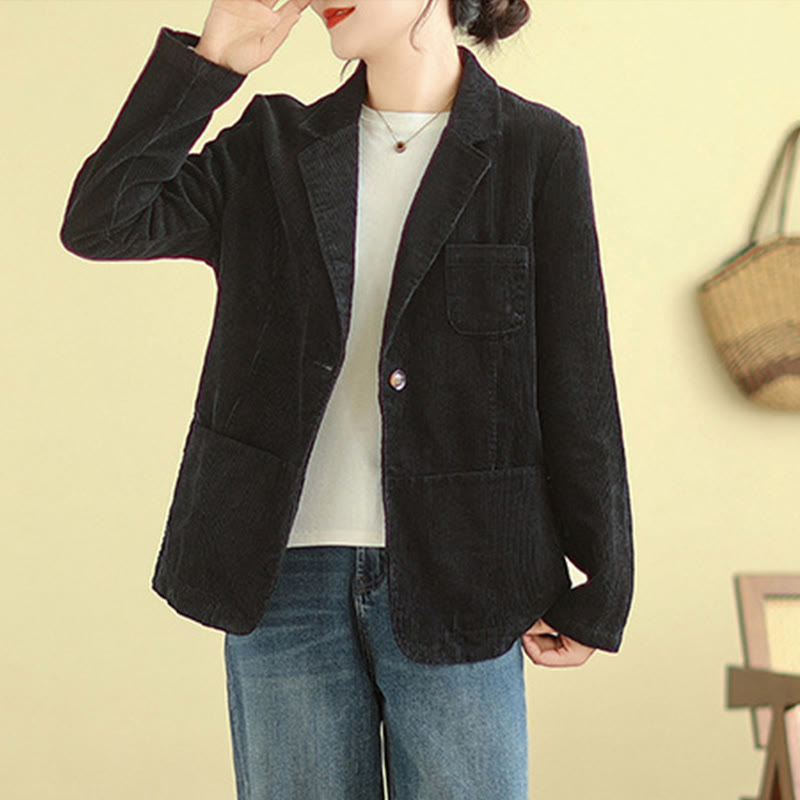 Buddha Stones Retro Plain Women's Long Sleeve Corduroy Jacket With Pockets - image 25