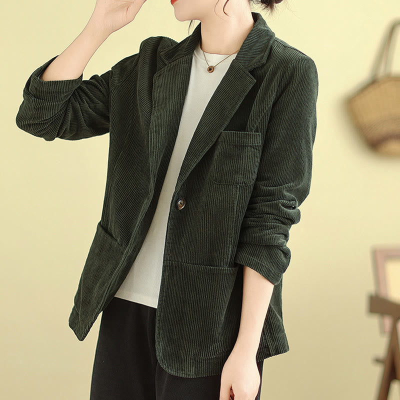 Buddha Stones Retro Plain Women's Long Sleeve Corduroy Jacket With Pockets - DarkOliveGreen - US12，UK/AU16，EU44 (2XL) - image 17