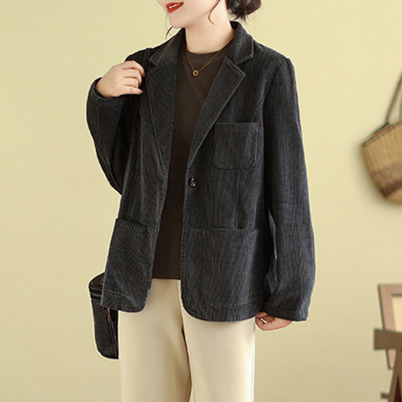 Buddha Stones Retro Plain Women's Long Sleeve Corduroy Jacket With Pockets - image 16