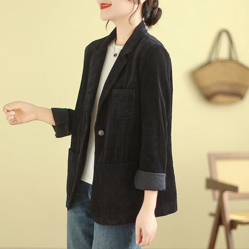 Buddha Stones Retro Plain Women's Long Sleeve Corduroy Jacket With Pockets - image 27