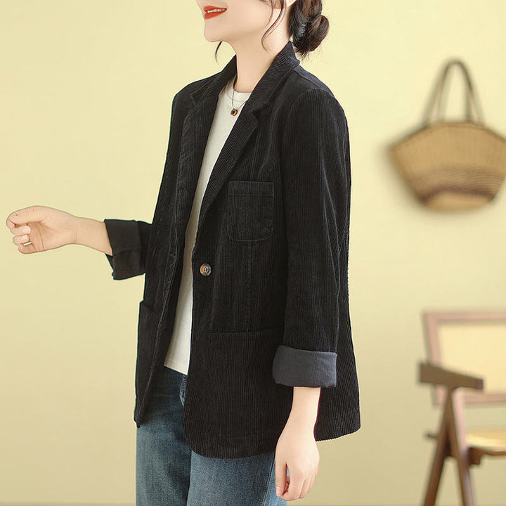 Buddha Stones Retro Plain Women's Long Sleeve Corduroy Jacket With Pockets - image 27