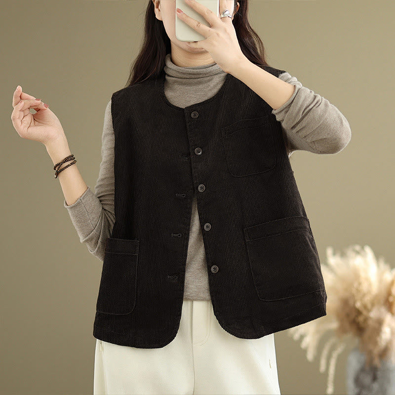 Buddha Stones Corduroy Buttons Women's Sleeveless Cotton Vest Waistcoat With Pockets - image 9