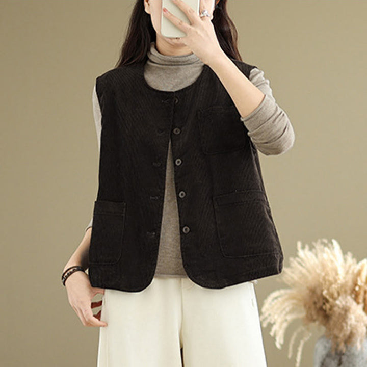 Buddha Stones Corduroy Buttons Women's Sleeveless Cotton Vest Waistcoat With Pockets - image 12
