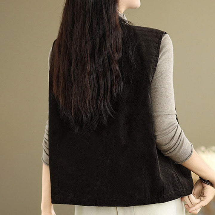 Buddha Stones Corduroy Buttons Women's Sleeveless Cotton Vest Waistcoat With Pockets - image 14